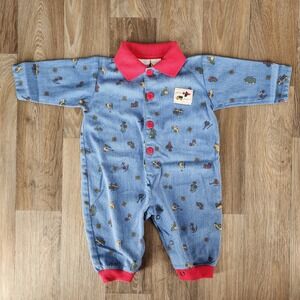 Small Steps Vintage Baby‎ Romper Blue Transportation Print Red Collar 6-9 Months
